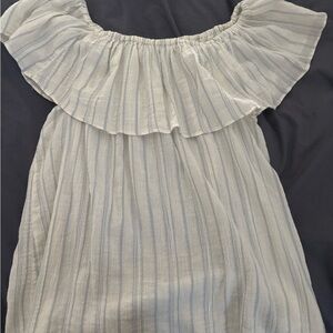 Sanctuary Off-Shoulder Ruffle Blouse in White and Blue